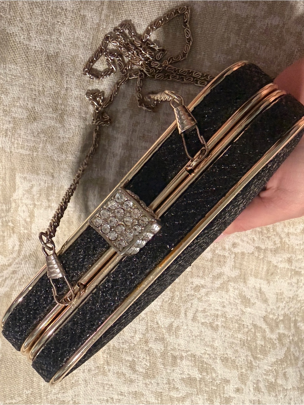 Black Sparkling Glitter Evening Clutch with Crystal Accent and optional chain